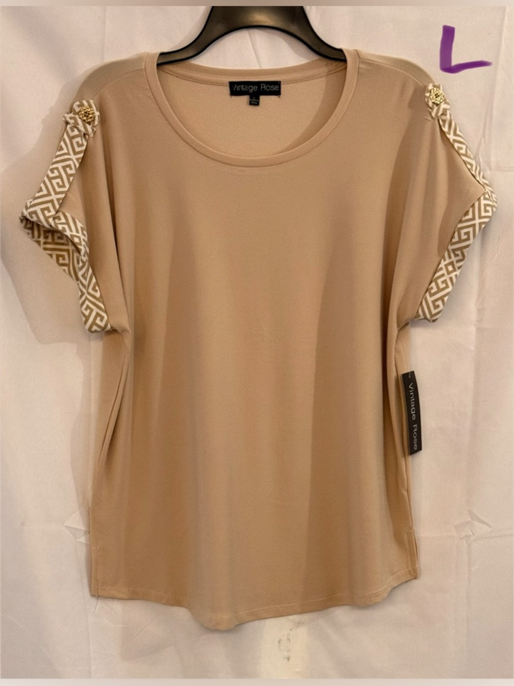 Vintage Rose Taupe Short Sleeve Tee with Patterned Sleeve Trim